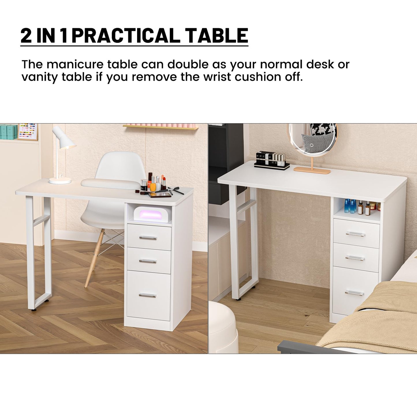 DeerDean Manicure Table Nail Desk Acetone Resistant White Nail Tech Table w/Wrist Cushion, Drawers & Cabinets