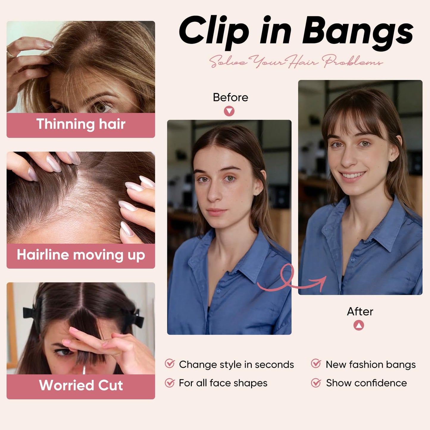 Clip In Bangs - 100% Real Human Hair Extensions | Wispy Dark Brown Fringe for Women