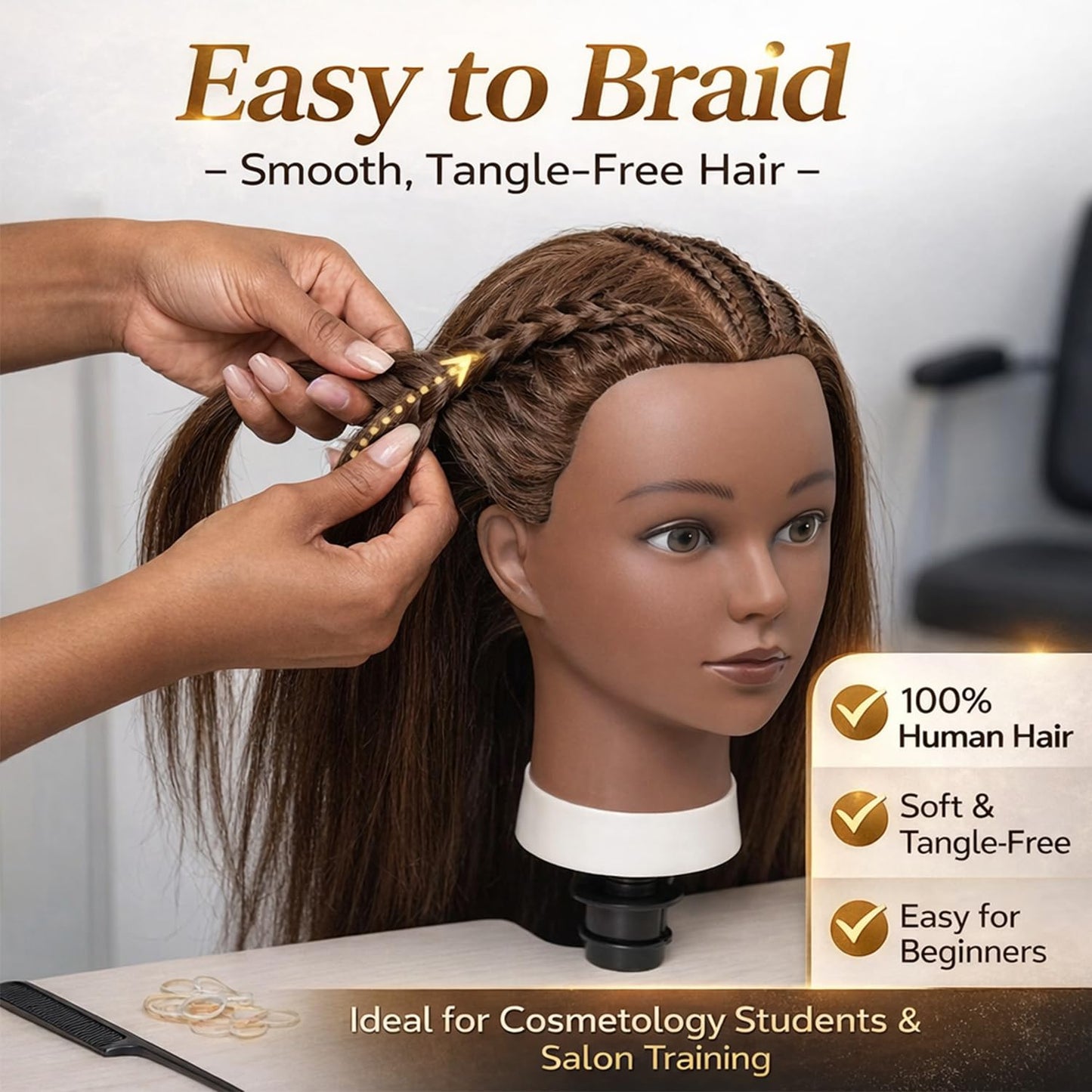 Mannequin Head Human Hair 16 Inch, 100% Real Human Hair Cosmetology Mannequin Head with Clamp Stand, Professional Hair Manikin Doll Head for Braiding, Styling & Hairdresser Training (Brown-16inch)