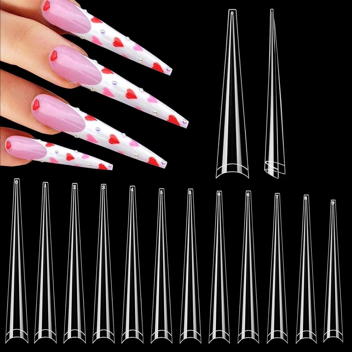 Stiletto Nail Tips - 600PCS XXXL Extra Long Full Cover for Acrylic Nails | 12 Sizes Clear Flattened Fake Nails