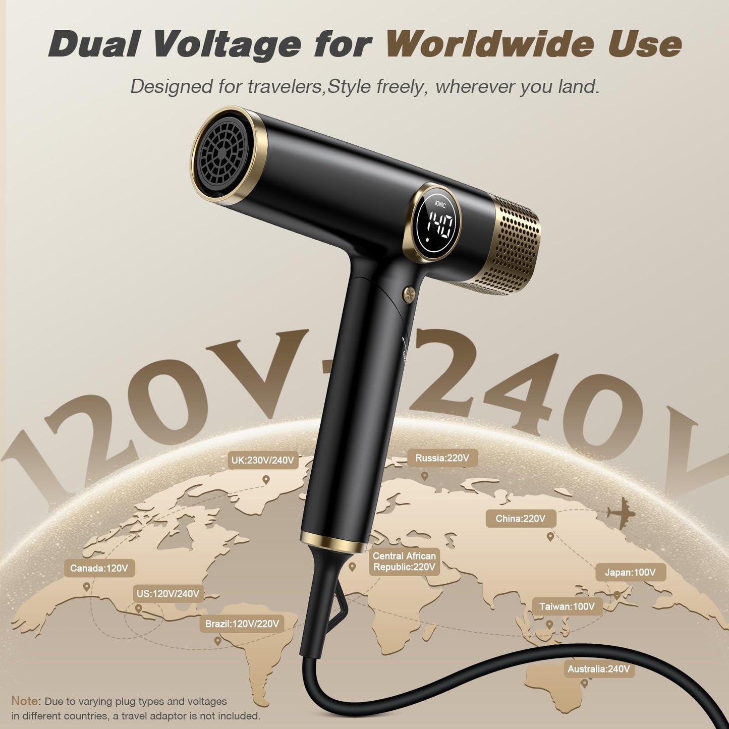 Dual Voltage Travel Hair Dryer with Diffuser, 1900W Professional High-Speed Ionic Blow Dryer for Fast Drying, Lightweight, No Heat Damage, Global Use 110V-240V