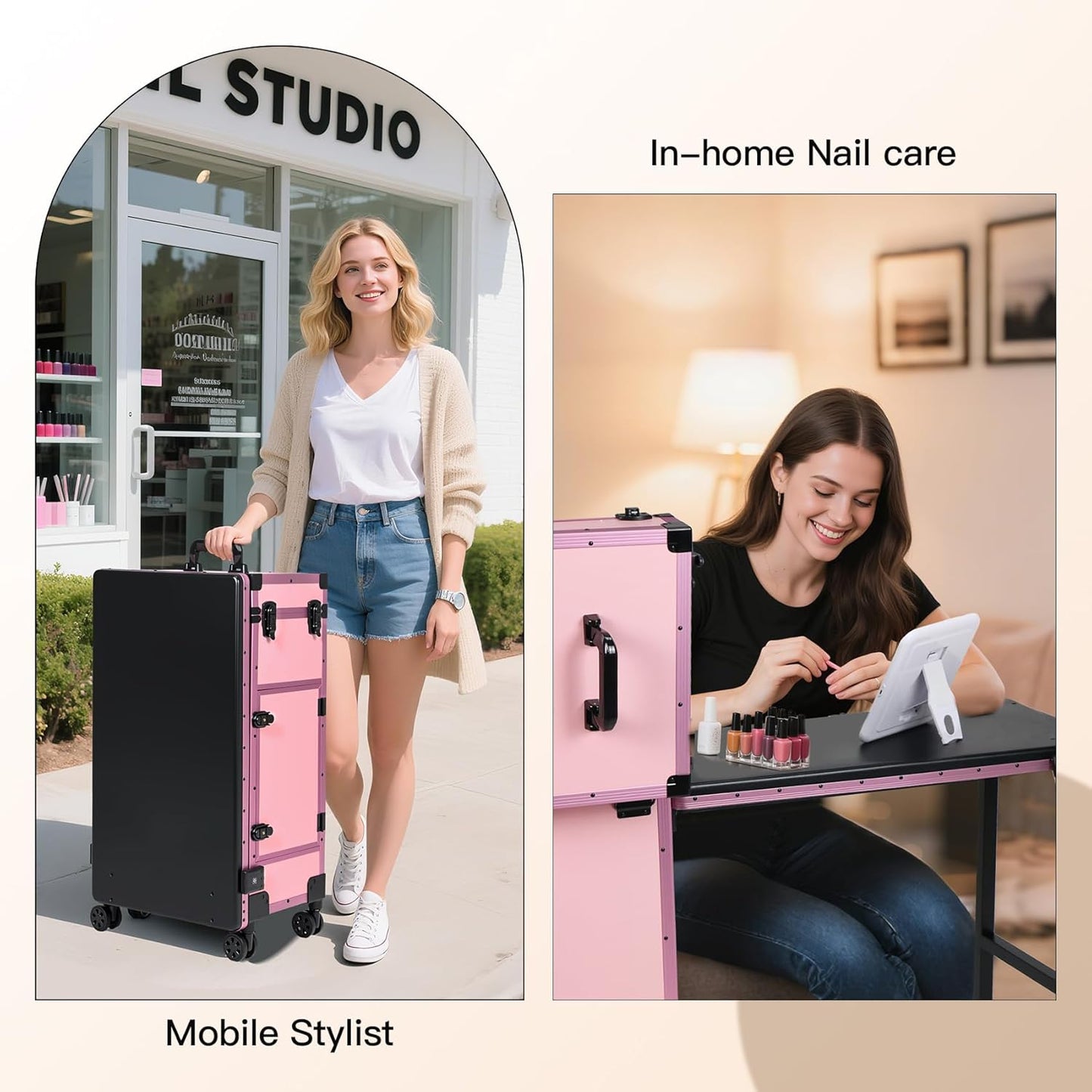 Portable Manicure Table - Rolling Nail Desk with 3 Drawers & Lockable Makeup Case | Pink with Detachable Mirror