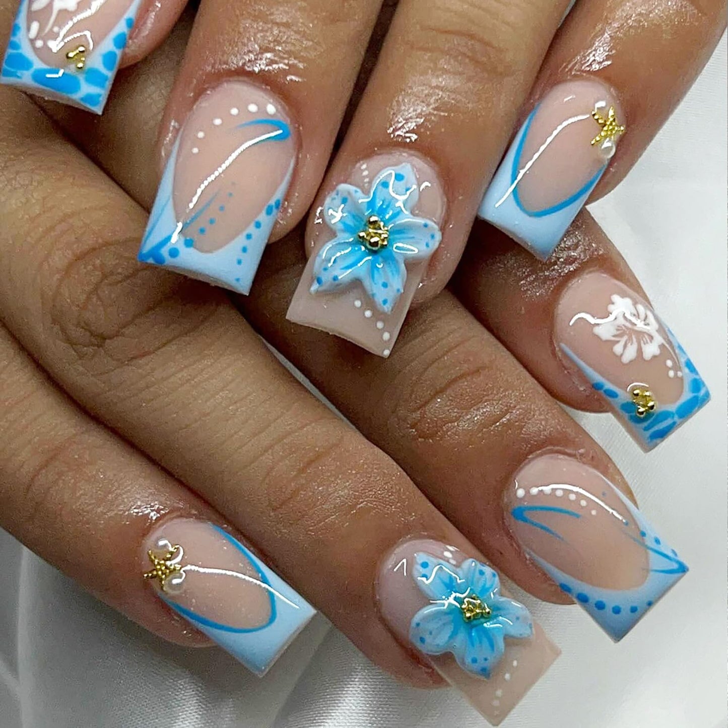 Blue Flower Press-On Nails - 24 Pcs Short Square French Tips with 3D Floral Design & Gold Rhinestones | Full Cover Artificial Nails for Women
