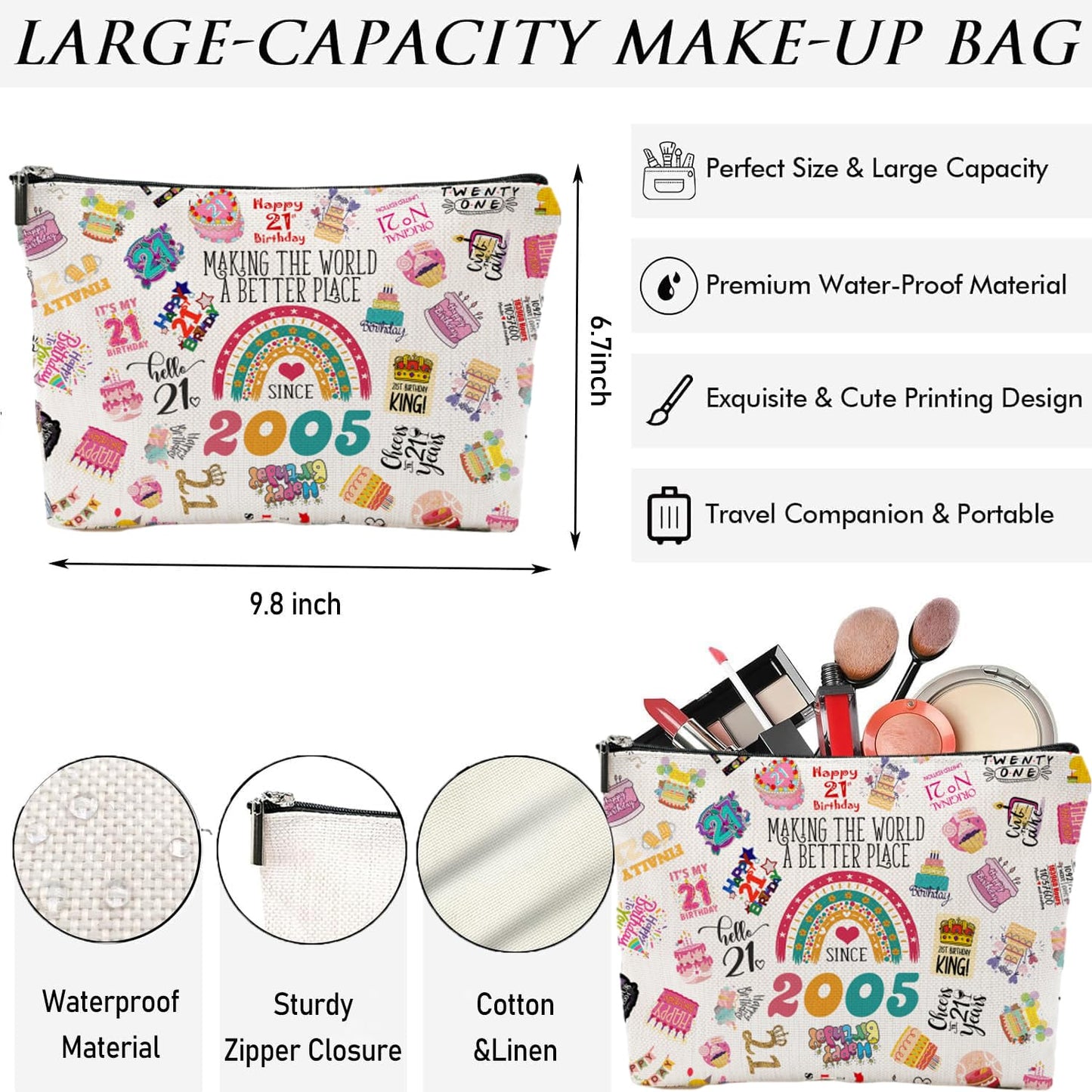 NONETH 21st Birthday Gifts, 21 Year Old Birthday Gifts, Sister, 2005 Birthday Makeup Bag & Travel Toiletry Bag, Unique Happy 21st Birthday Decorations & Party Favors & Gifts for Women