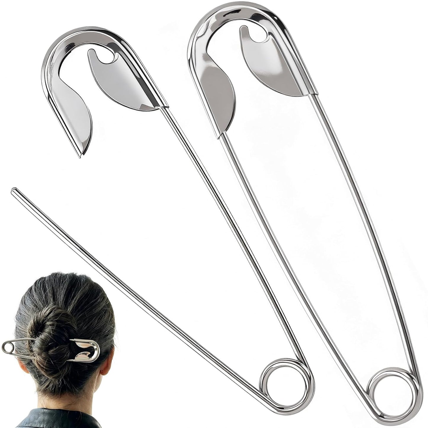 Large Safety Pin Hair Clips - Alloy French Fork Stick Pins | 2-Piece Set for Women - Silver Hair Accessories