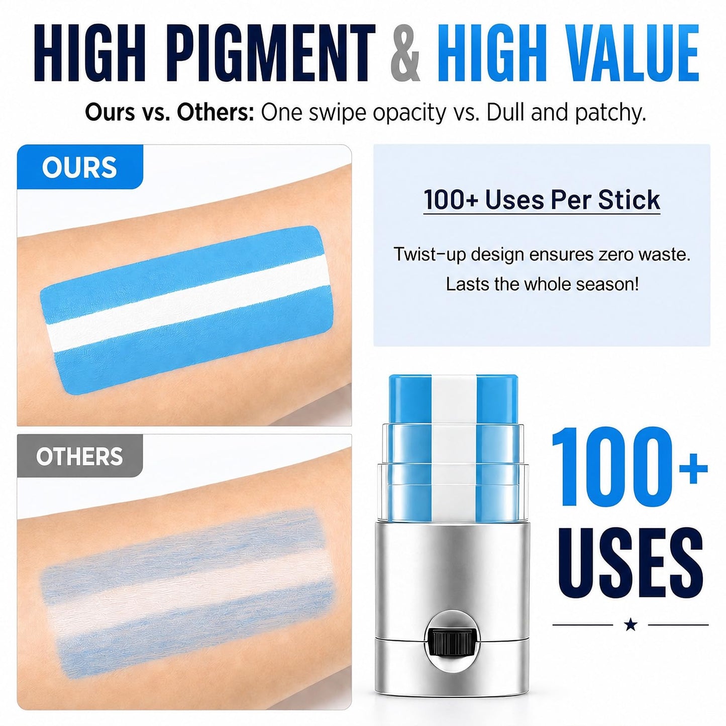 Blue White Blue Face & Body Paint Stick, Sports Eye Black-Style Makeup Stick, Soccer Fan Makeup, Waterproof Sweatproof Cream Paint for Football Baseball Fans, Flag Color Makeup for Watch Parties