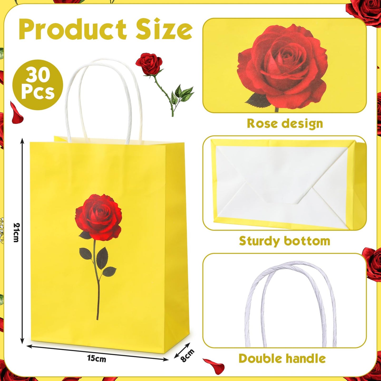 Humyoun 30 Pcs Rose Beauty Gift Bags Princess Party Favors Paper Goodie Candy Treat Paper Bag with Handle Bulk Princess Birthday Party Supplies Decorations, 8.3 x 5.9 x 3.2 Inch