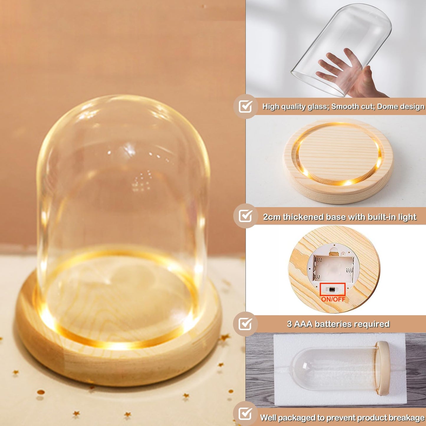 Nynelly 3.54" D X 4.33" H Clear Glass Dome Cloche with Natural Wood LED Lights Base, Display Bell Jar Ornament，Countertop Bell Jar Display Dome Clear Glass Display Case Deco