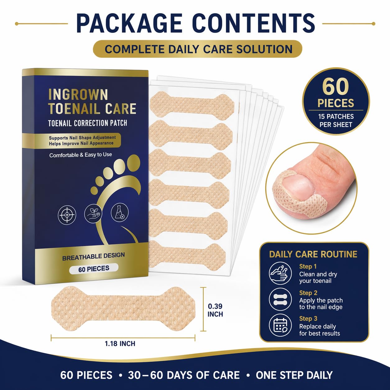 Ingrown Toenail Treatment, 60 Pcs Breathable Ingrown Toenail Strips, Gentle Toenail Support Patches for At-Home Pedicure and Daily Foot Care, Toenail Corrector Patch, 60 Count