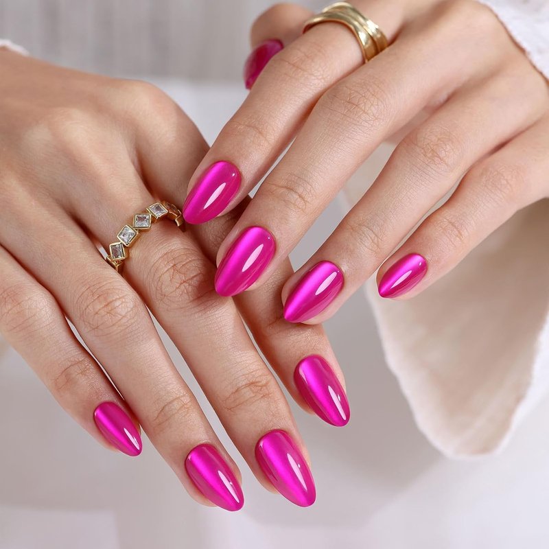 Almond Cat Eye Press-On Nails - Hot Pink Soft Gel | 32 Pcs Reusable Fuchsia Stick-On Nails, 16 Sizes Available
