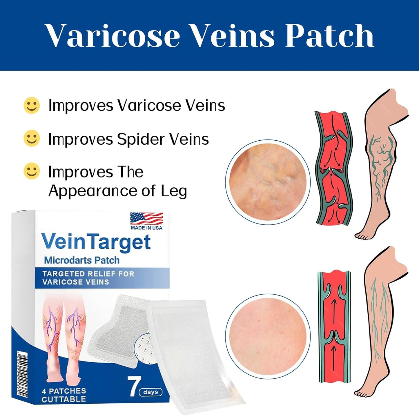 VeinTarget Microdarts Patch - Professional Varicose Veins Treatment for Legs | Natural Ingredients, 1 Pack