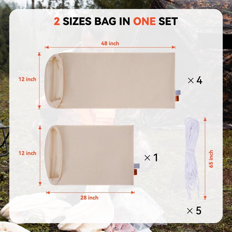 GearOZ Elk Game Bags Hunting Meat Bag 5-Pack Reusable Rolled Heavy Duty Quarter Bags, Durable Hunters' Game Bags Large Enough for Elk/Caribou/Deer/Moose, 48" x4, 28" x1