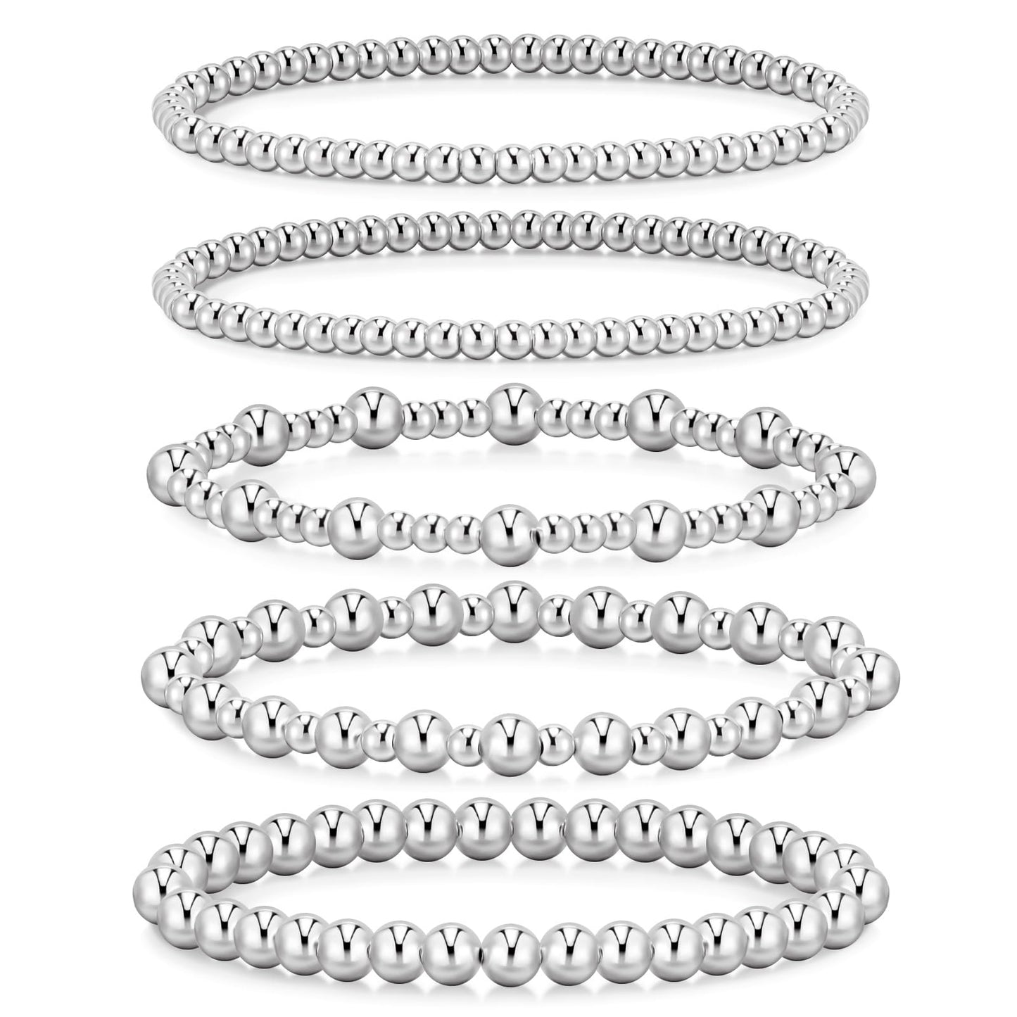 adoyi Silver Bracelets for Women, 14K Gold Plated Beaded Strand Bead Ball Bracelets stack Set Adjustable Set Trendy Non Tarnish Jewelry Sets for Gifts