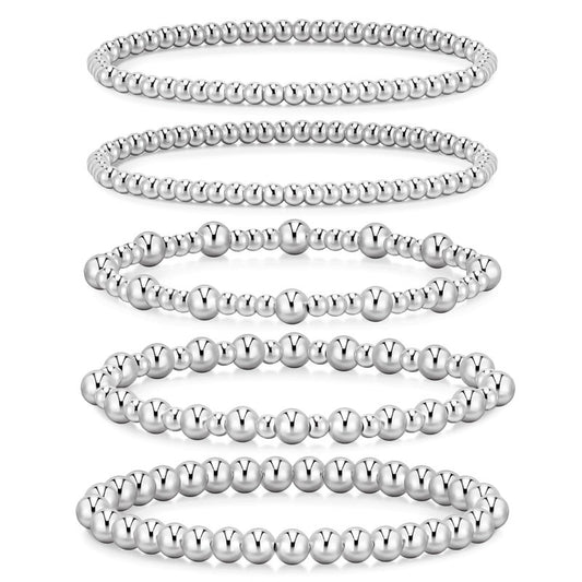 adoyi Silver Bracelets for Women, 14K Gold Plated Beaded Strand Bead Ball Bracelets stack Set Adjustable Set Trendy Non Tarnish Jewelry Sets for Gifts