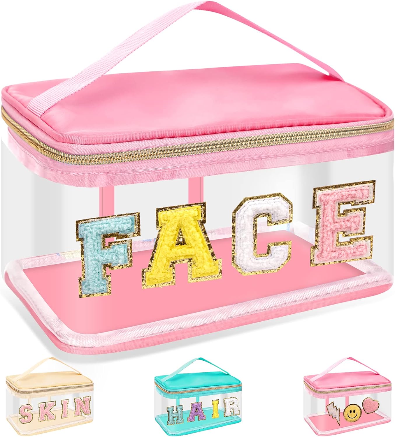Clear Makeup Bag - Chenille Letter Hair Pouch | Waterproof Glitter Cosmetic Handbag for Travel - Green