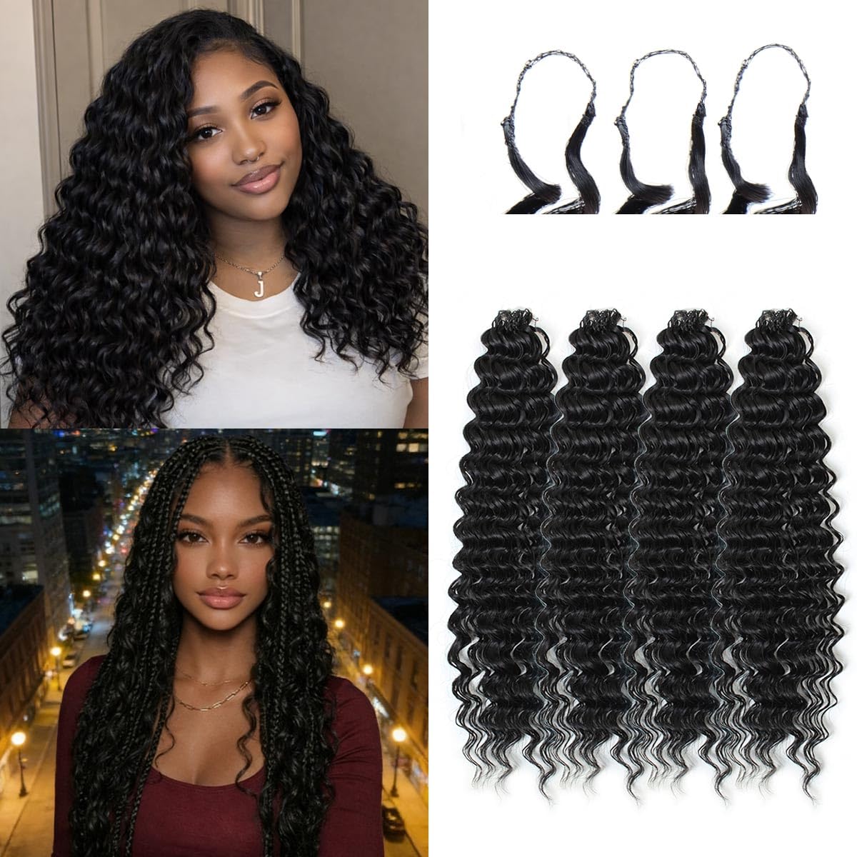 Feather Crochet Hair Extensions - 18 Inch Invisible Curly Deep Wave | 100 Strands Natural Black