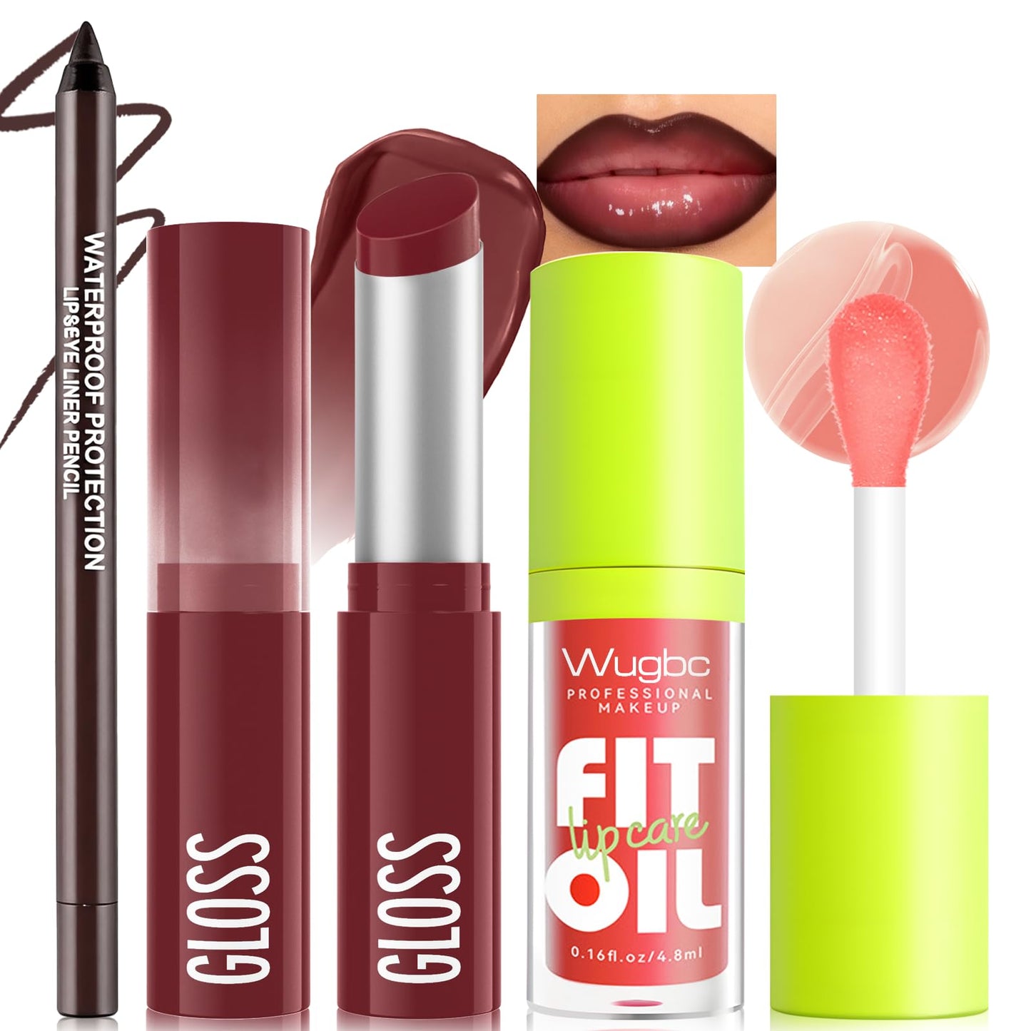 Wugbc 3PCS Lip Combo, High-Shine Lip Kit with Matte Brown Lip Liner & Red-Brown Nourishing Lipstick & Nude Glossy Lip Gloss, Long-Lasting Lightweight Non-Sticky Plumping Lip Contour Trio Set for Women