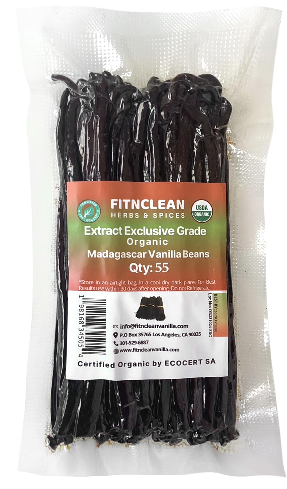 55 Organic Madagascar Vanilla Extract Exclusive Grade B Beans| 4" - 5" by FITNCLEAN VANILLA| Certified USDA Organic. Bulk Dry Whole Bourbon NON-GMO Pods