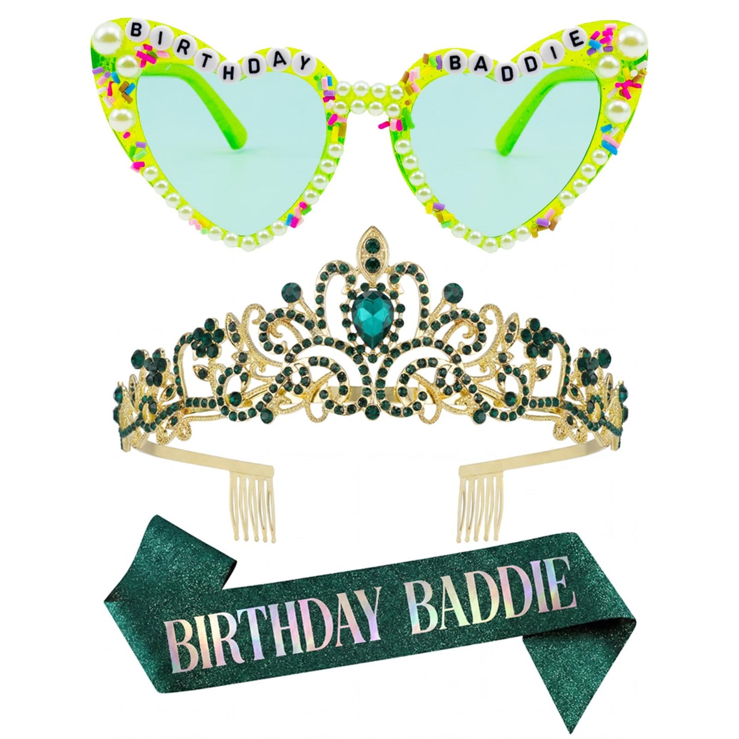 PcwBcn Birthday Baddie Glasses, Green Birthday Queen Sash Tiara Crown for Women Girls, 3 Pcs Elegant Princess Headband Hair Accessories Happy Birth Party Decorations 21st-90th Mom Birth Gifts