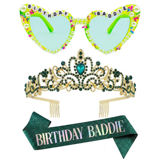 PcwBcn Birthday Baddie Glasses, Green Birthday Queen Sash Tiara Crown for Women Girls, 3 Pcs Elegant Princess Headband Hair Accessories Happy Birth Party Decorations 21st-90th Mom Birth Gifts
