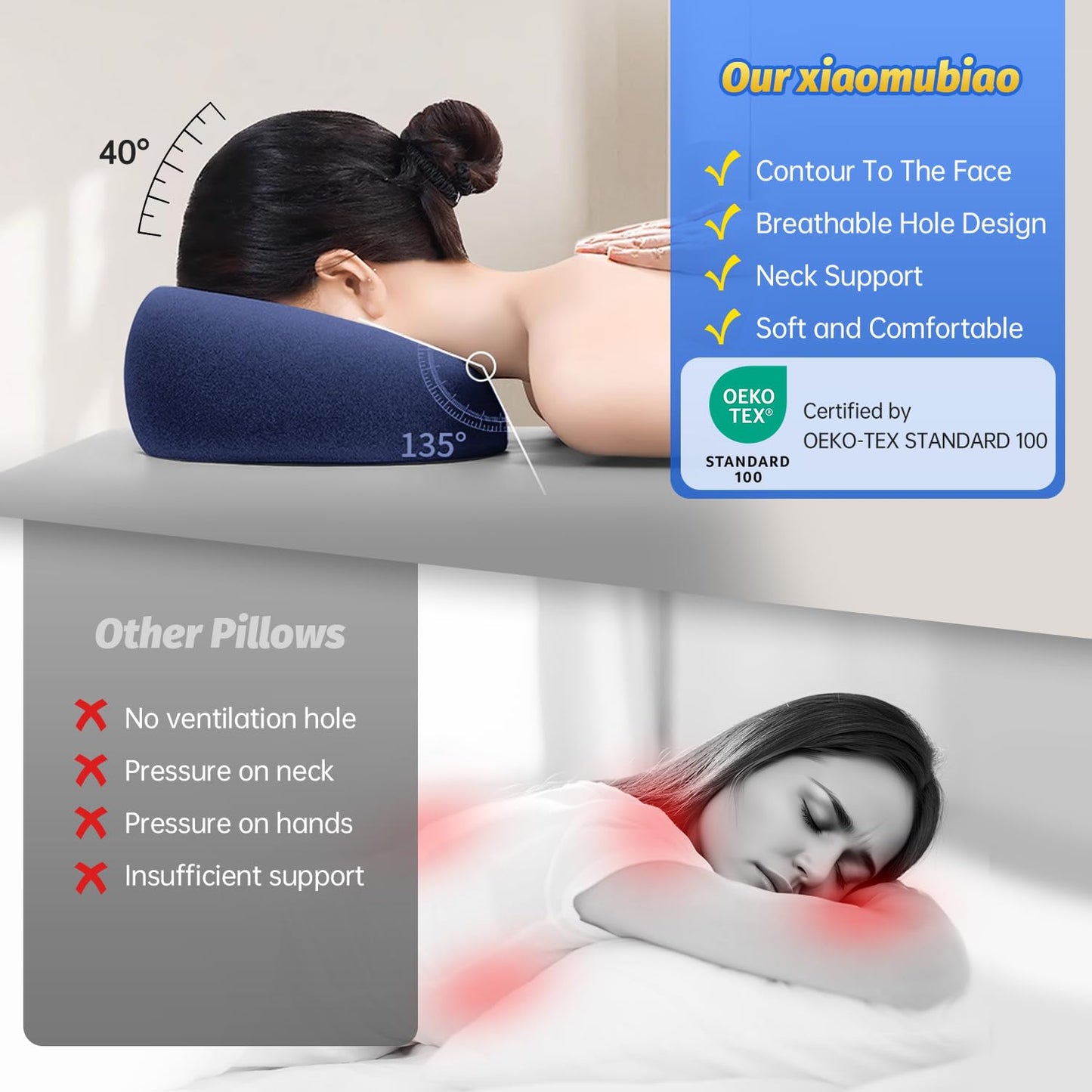 Face Down Massage Pillow - Comfortable Headrest for Stomach Sleeping | Removable Cover, Navy Blue