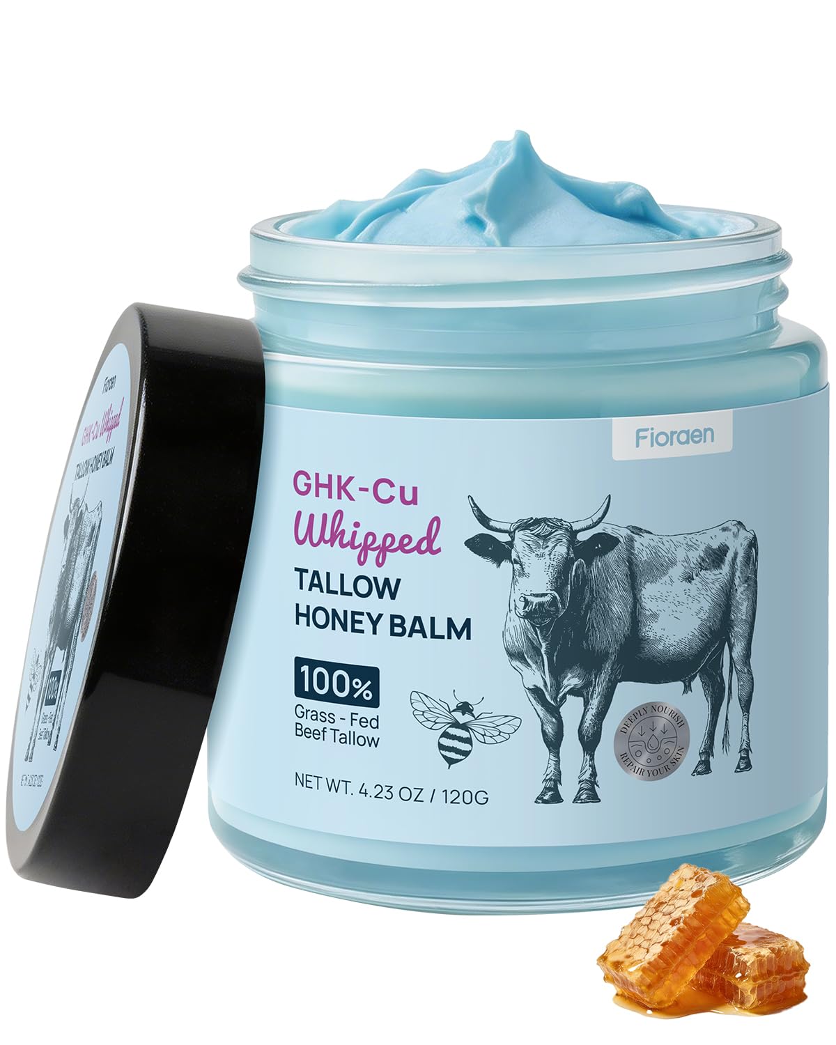 Fioraen 25,000ppm GHK-Cu Copper Peptides Whipped Beef Tallow for Skin, Grass Fed Tallow and Honey Balm with Manuka Honey & Vitamin E, High Potency Anti Aging Face Moisturizer for Firming & Repair 4oz