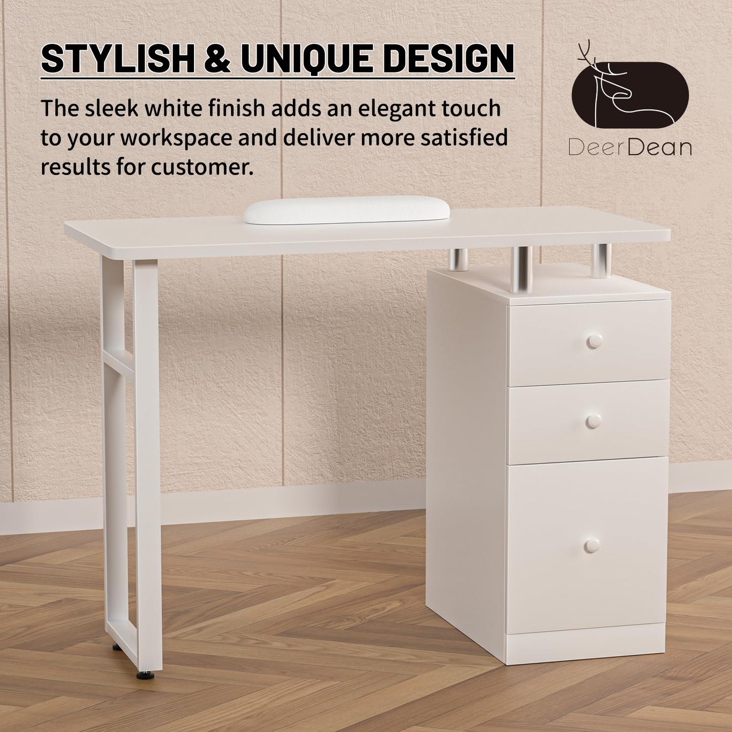 DeerDean White Manicure Table Nail Desk Acetone Resistant w/Wrist Cushion, Drawers & Cabinets