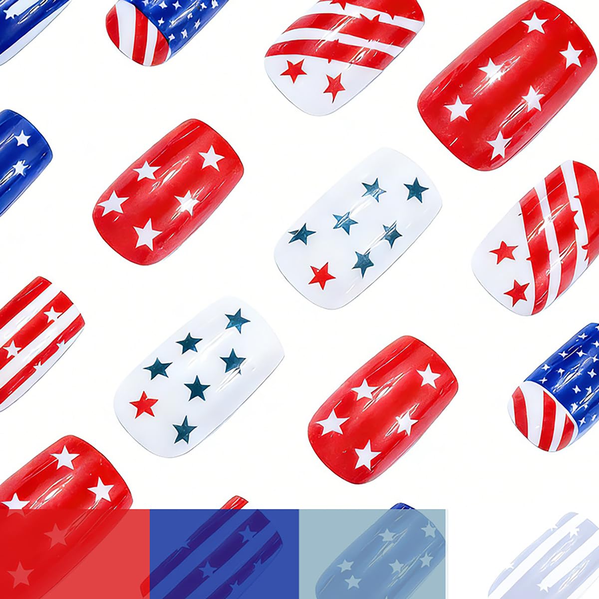 24Pcs 4th of July Press-On Nails - Short Square Acrylic Nails with American Flag Design | Patriotic Red, White & Blue