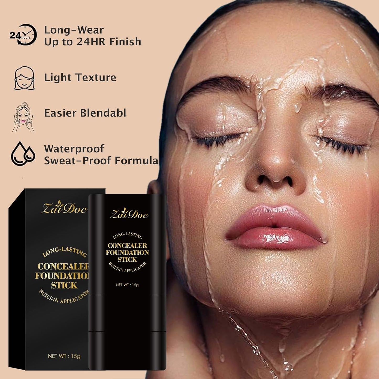 Foundation Stick - Dual-Ended 2-in-1 Longwear & Waterproof Makeup | Natural Full Coverage for Dark Circles & Blemishes - 2.09 oz