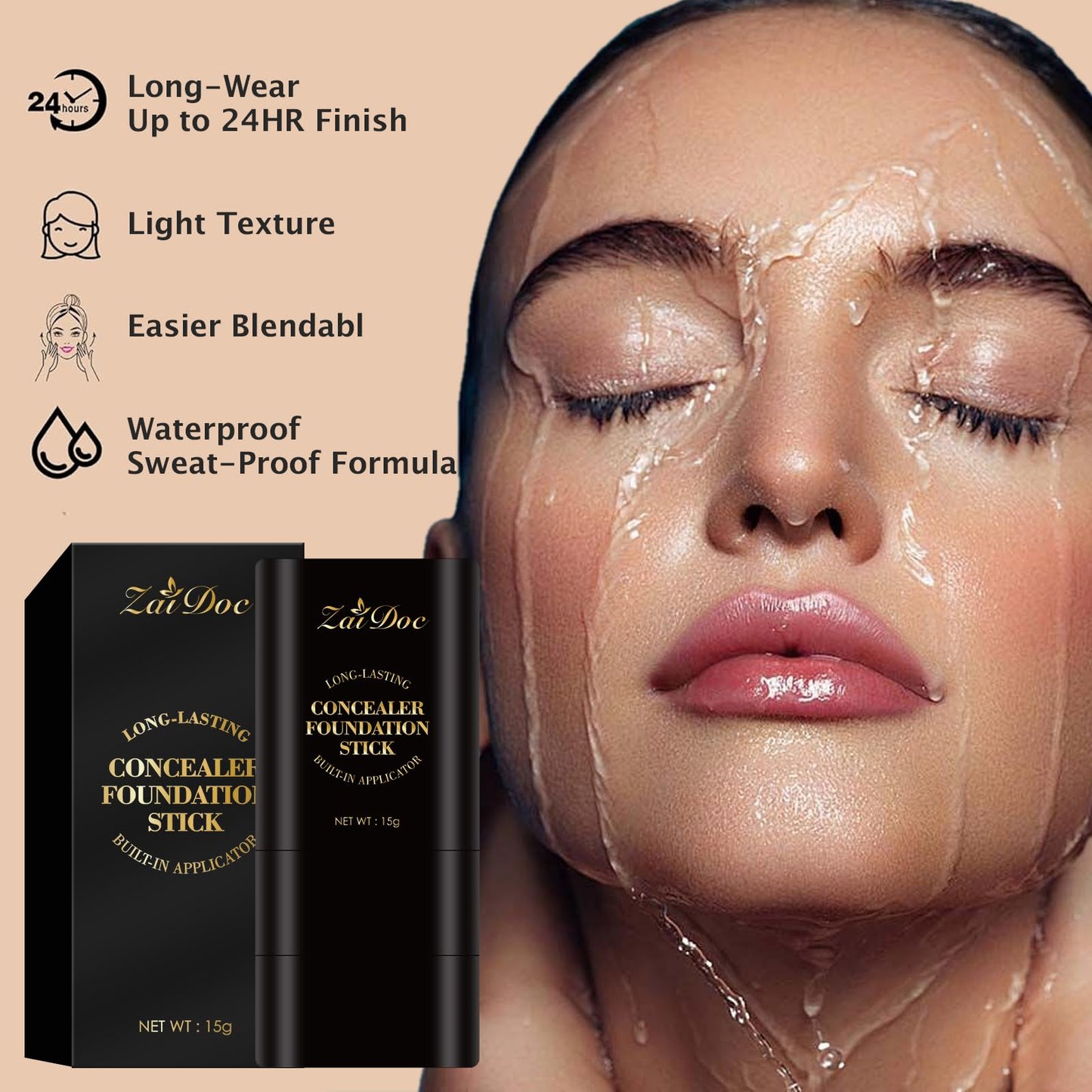 Zaidoc Foundation Stick, Dual-Ended with Brush, 2-in-1 Longwear & Waterproof, Natural Full Makeup Concealer Coverage for Dark Circles & Blemishes with Hydrating Olive & Camellia, 2.09 oz (03#)