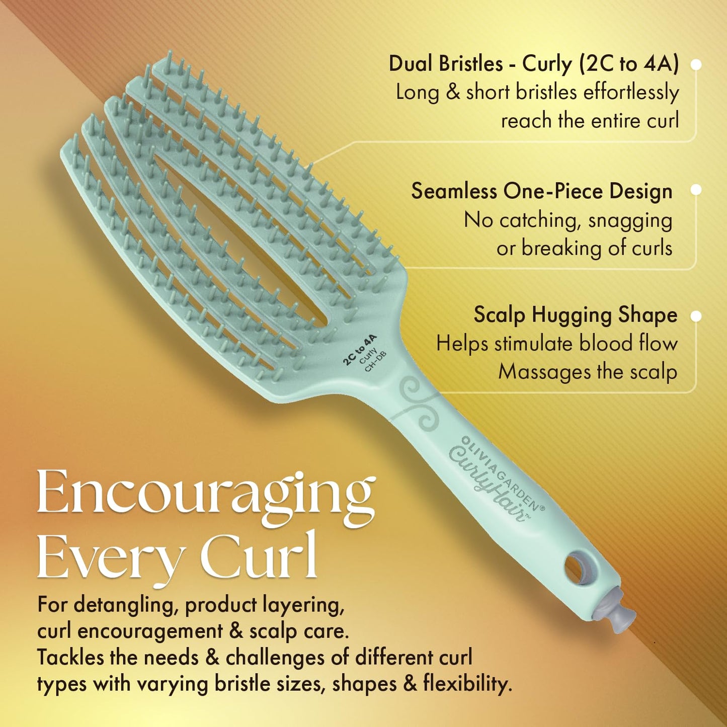 Olivia Garden CurlyHair Brush for Wet or Dry Hair - Curly Hair Brush for Detangling, Product Layering, Curl Encouragement, Scalp Care - Dual Bristles Brush