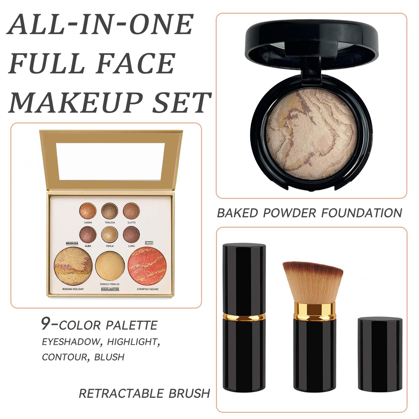 K'APEINE Baked Makeup Palette Set- 9Colors Brown Makeup Palette, Single Baked Powder Foundation & Retractable Blush Brush, Travel Makeup Set Waterproof,Long Lasting For Older Women-02