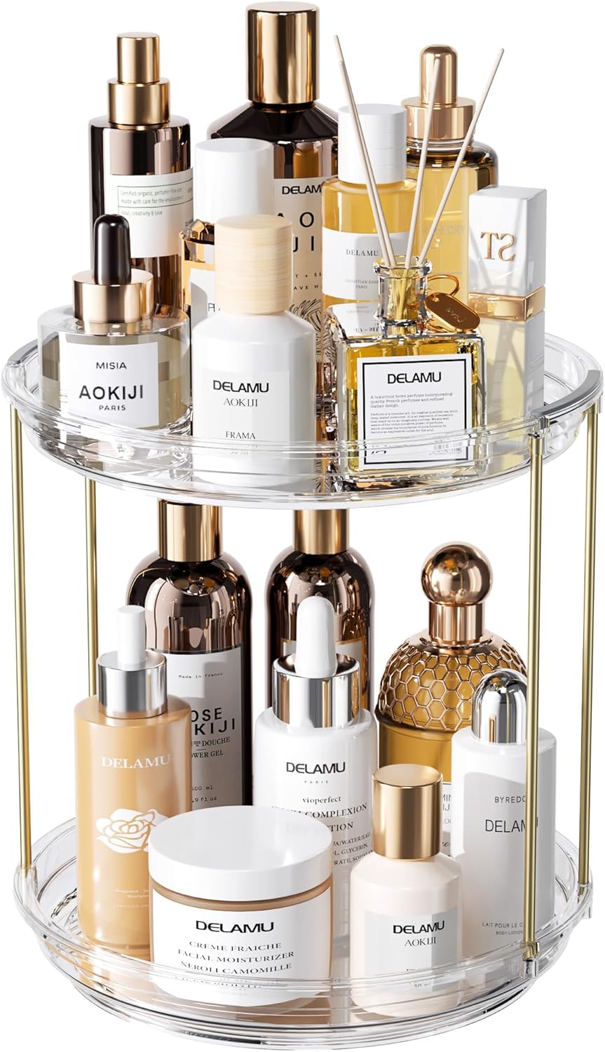 Rotating Makeup Organizer - 2 Tier Stackable Vanity Storage | Clear Skincare & Perfume Holder