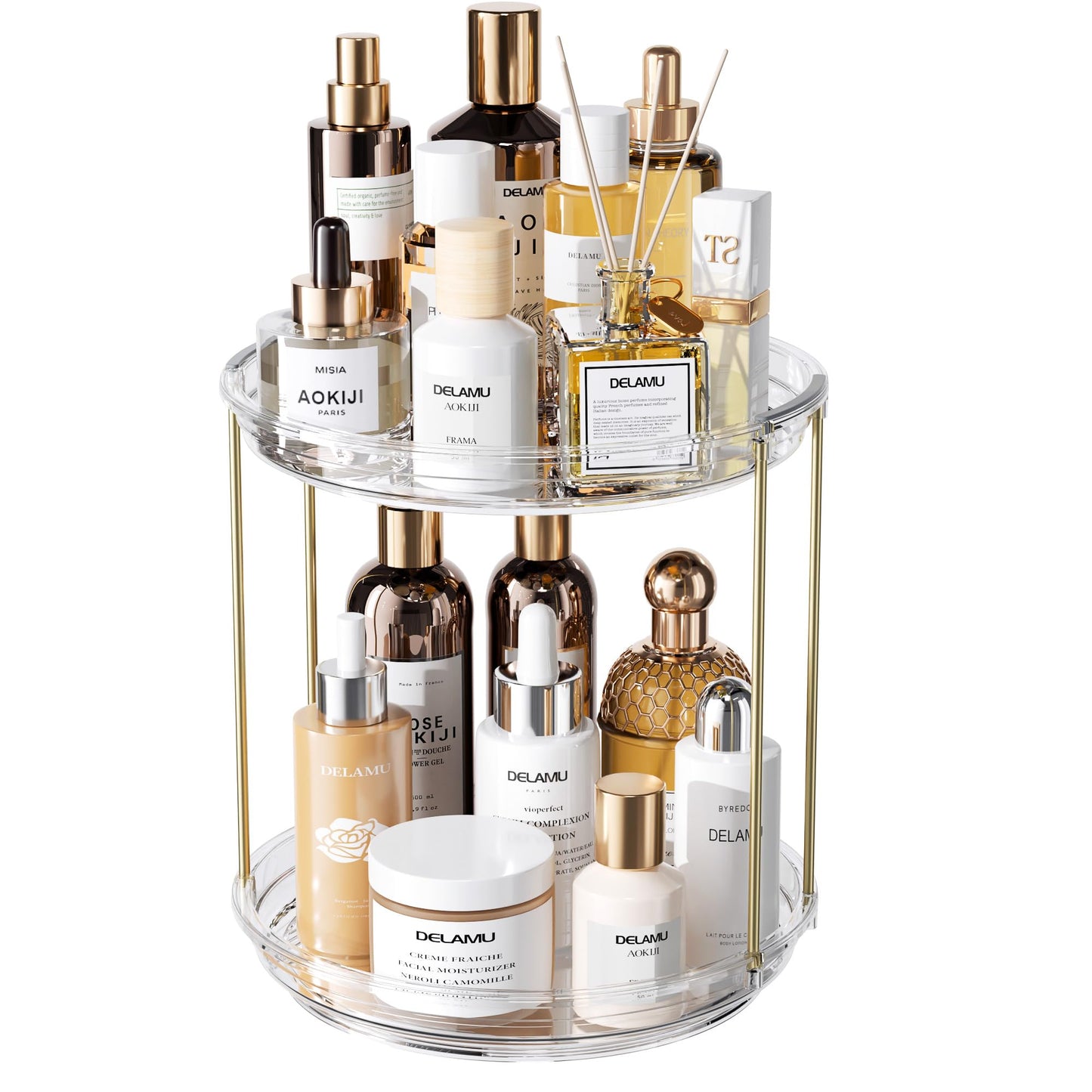 Delamu Rotating Makeup Organizer for Vanity, 2 Tier Bathroom Counter Organizer with Stackable Design, Spinning Skincare Organizer for Bathroom Countertop, Perfume Cosmetic Storage, Clear