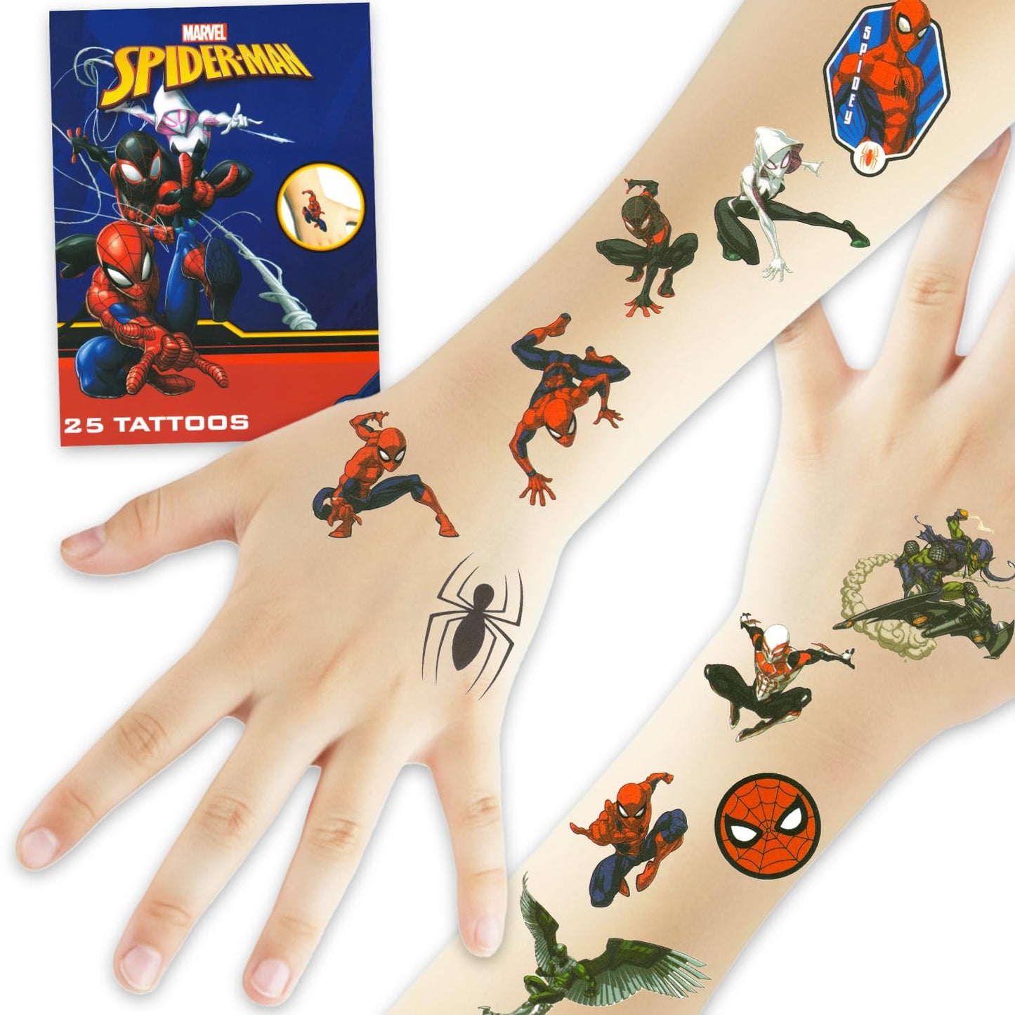 Spiderman Temporary Tattoos Set - 25pc Kids Party Favor Stickers | Fun Cartoon Decorations for Prizes & Rewards