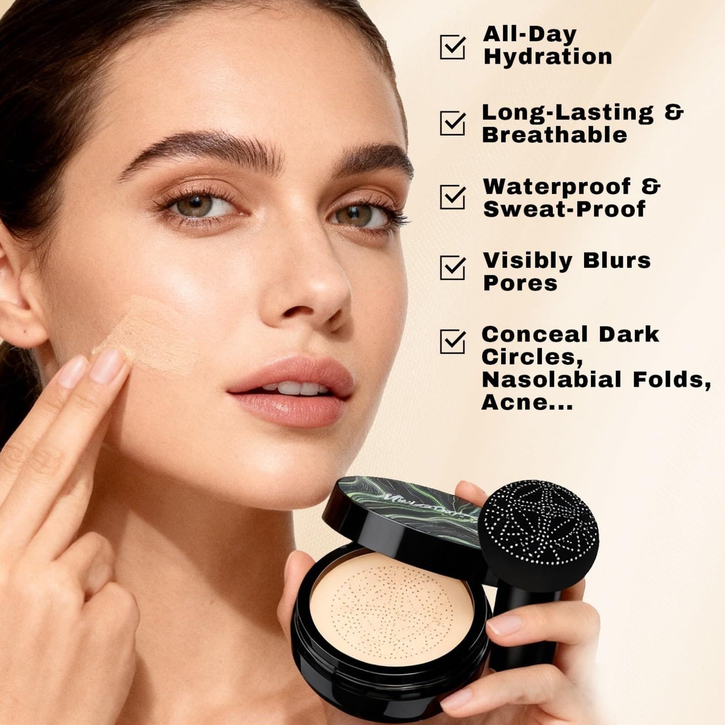 OETUIOW Mushroom Head Air Cushion CC Cream Gift Set for Women, 1 Full-Size Makeup Foundation with 2 Refills & 1 Special Mushroom Head Puff, Natural