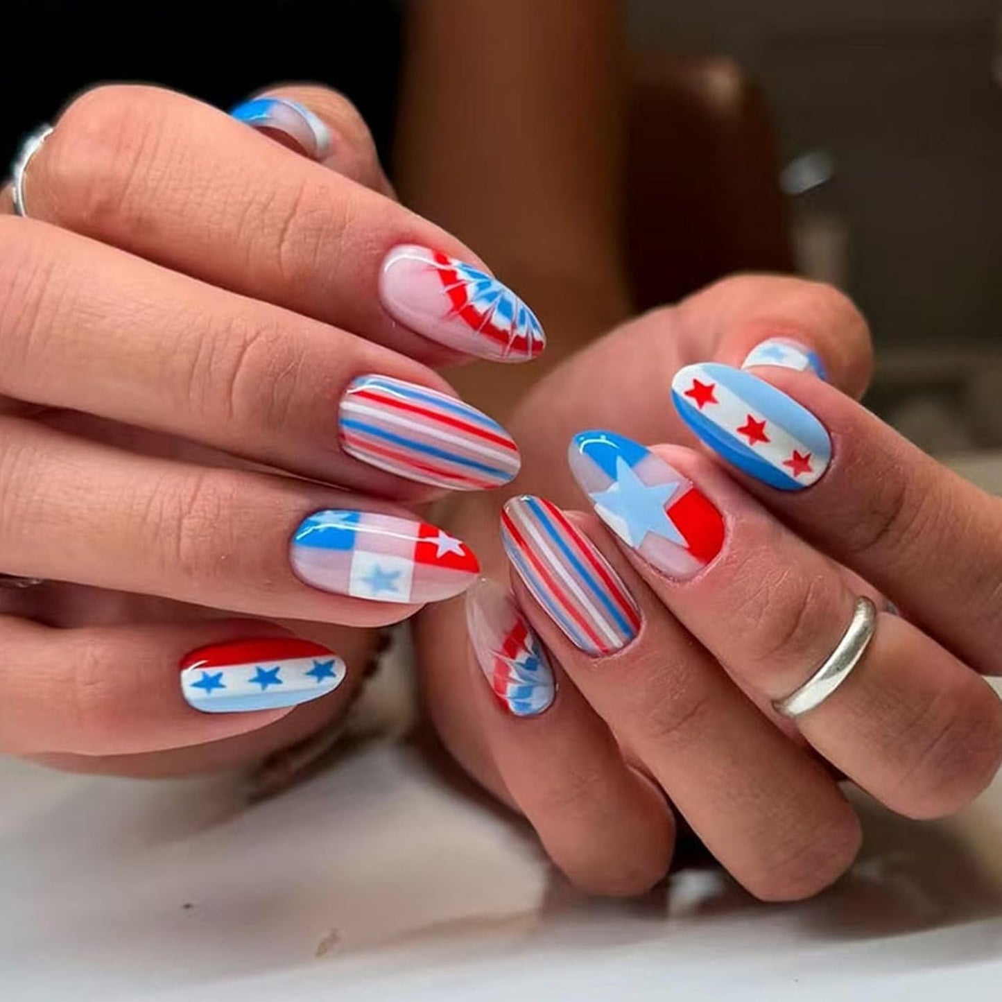 Press On Nails - Medium Square American Flag Glitter Design | 24Pcs Red, Blue & Gold 4th of July Fake Nails