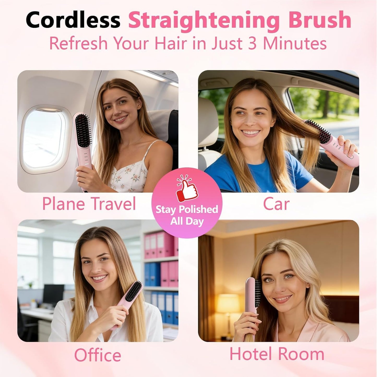 Go Brush Pro Cordless Hair Straightening Brush - 2026 Upgrade with 4 Heat Settings, MCH Ceramic Care | Pink