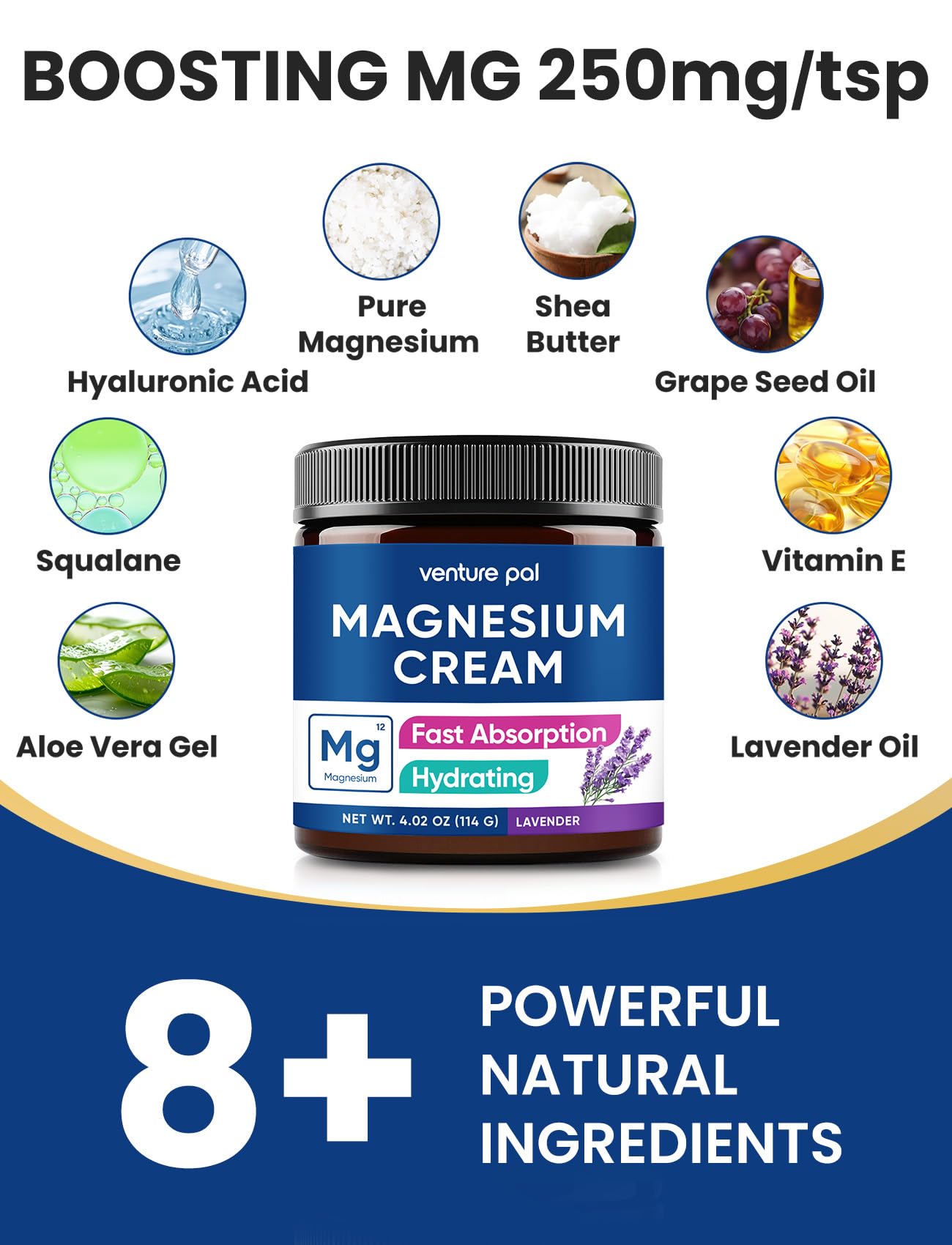 Venture Pal Topical Magnesium Cream, Fast-Absorbing Magnesium Moisturizing Lotion with Coconut Oil, Shea Butter & Hyaluronic Acid, Suitable for Kids