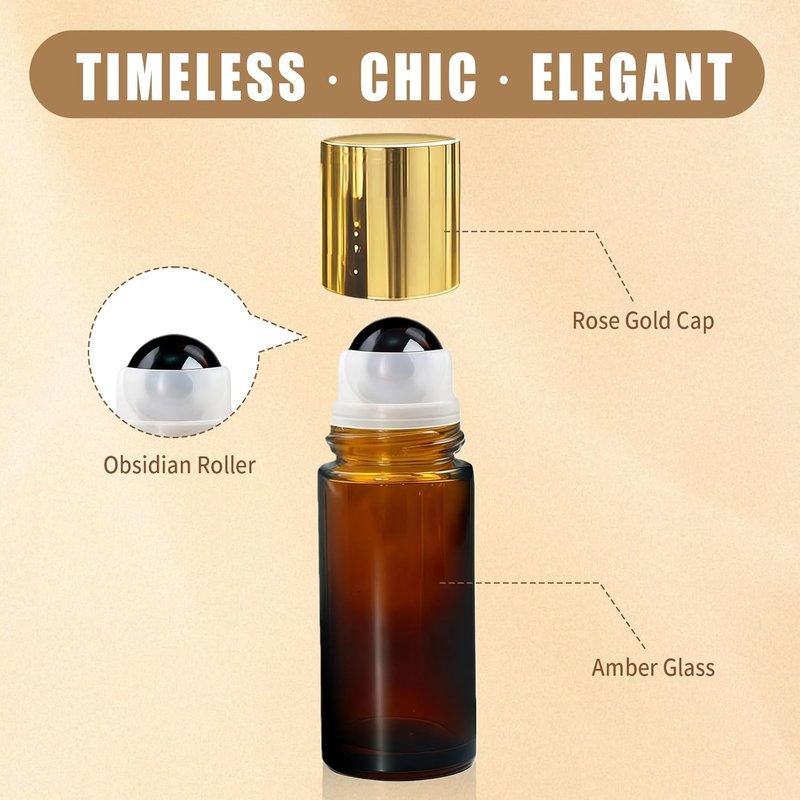 Obsidian Roller Bottles - 50ml Refillable Amber Glass for Essential Oils | Leak-Proof Travel Perfume with Natural Crystal Roller Balls