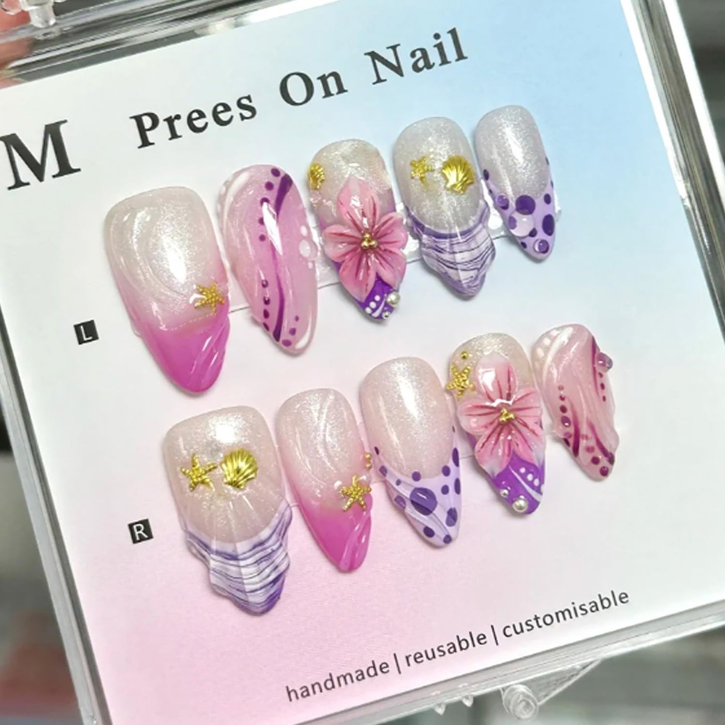 Almond Press On Nails - 30Pcs Medium Fake Nails with 3D Floral Art | Red French Gradient Acrylic for Women