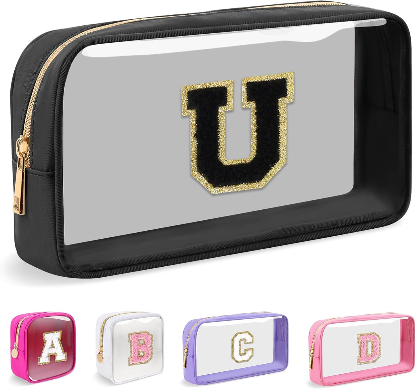 Personalized Initial Makeup Bag - Waterproof Nylon Cosmetic Pouch | A-Z Chenille Letter Patch, White-Pink G