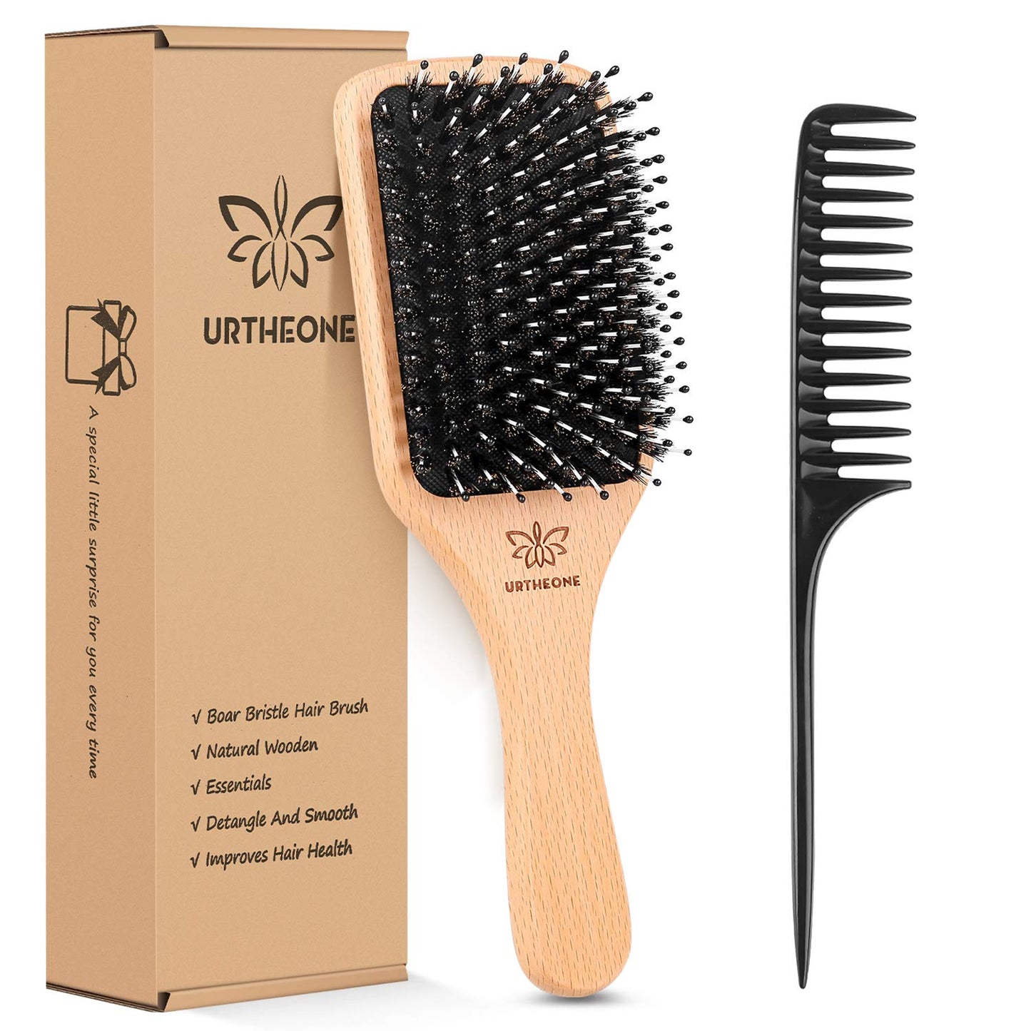 Boar Bristle Hair Brush - Paddle Brush for Thick, Curly & Thin Hair | Smooths & Adds Shine