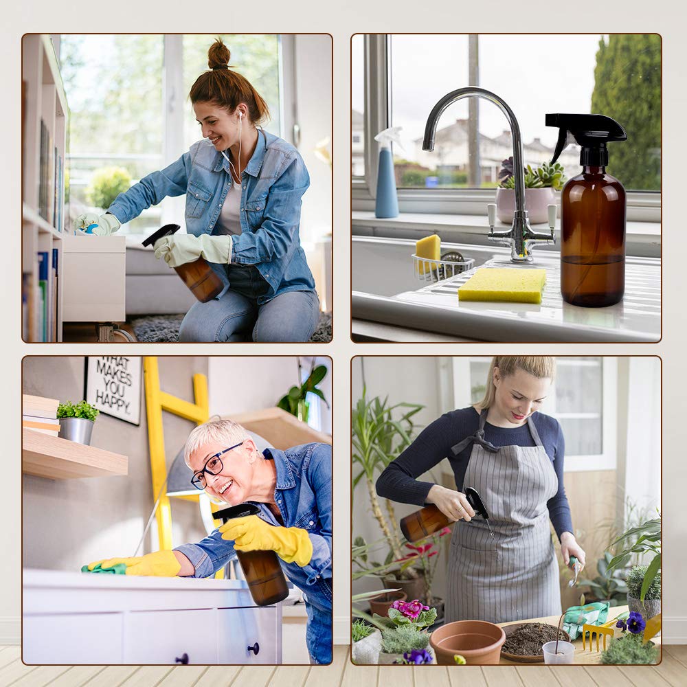 Glass Spray Bottles Set - 16oz & 4oz Refillable Containers with Adjustable Nozzle for Cleaning, Gardening, Aromatherapy | Amber