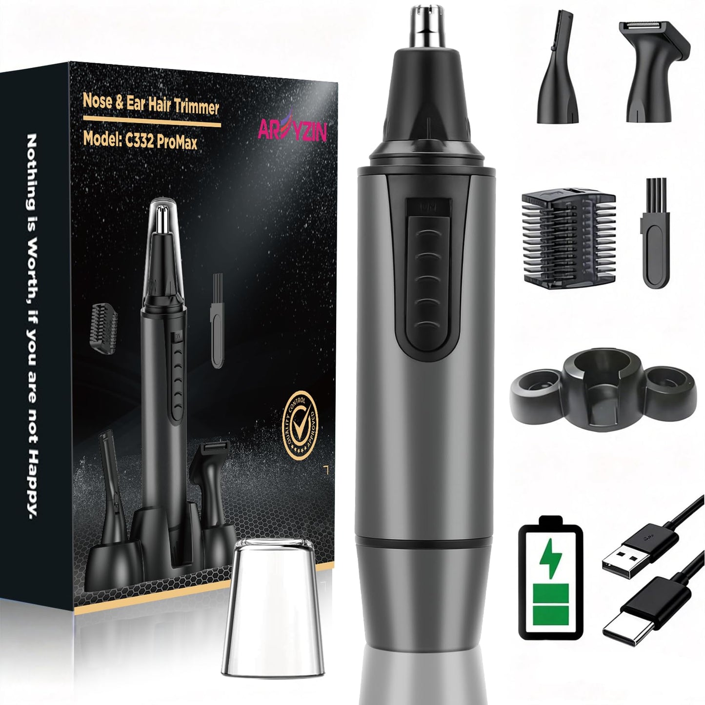 AREYZIN Nose Hair Trimmer for Men,2026 Professional 3 in 1 Painless Rechargeable Ear and Nose Trimmer,IPX7 Waterproof Eyebrow Facial Hair Trimmer Body Grooming Kit Dual Edge Blades(Dark Gray)