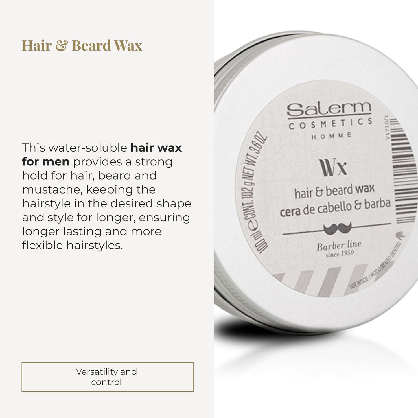 SALERM - Men's Hair Wax - Homme Barber Line - 100 ml - for Hair, Beard, and Mustache - Strong Hold and Medium Shine - with Hydrating Actives - Keeps Style Longer