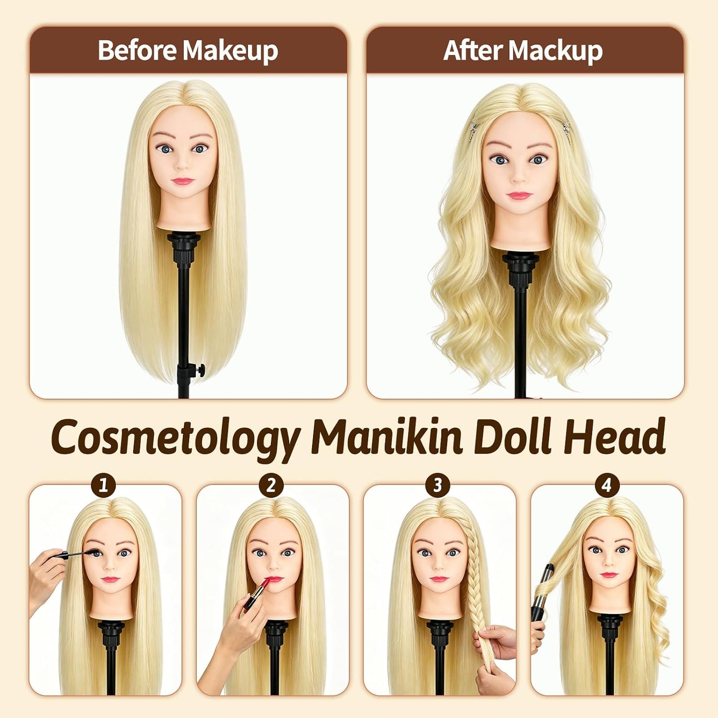 Mannequin Head - 90% Human Hair Styling Head for Cosmetology | 24" Off-White Hairdressing Training Doll with Clamp