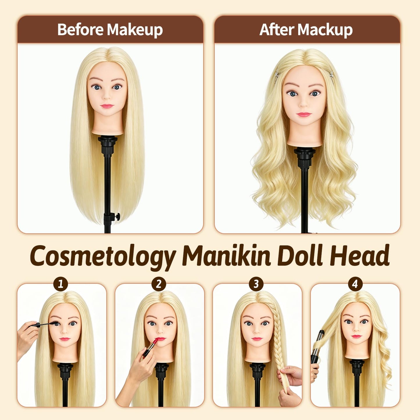 Mannequin Head with 90% Human Hair, 24" Hair Doll Head for Cosmetology & Hairdresser, Real Hair Manikin Doll Styling Head, Hairdressing Training Braiding Head with Table Clamp (Off-White C)