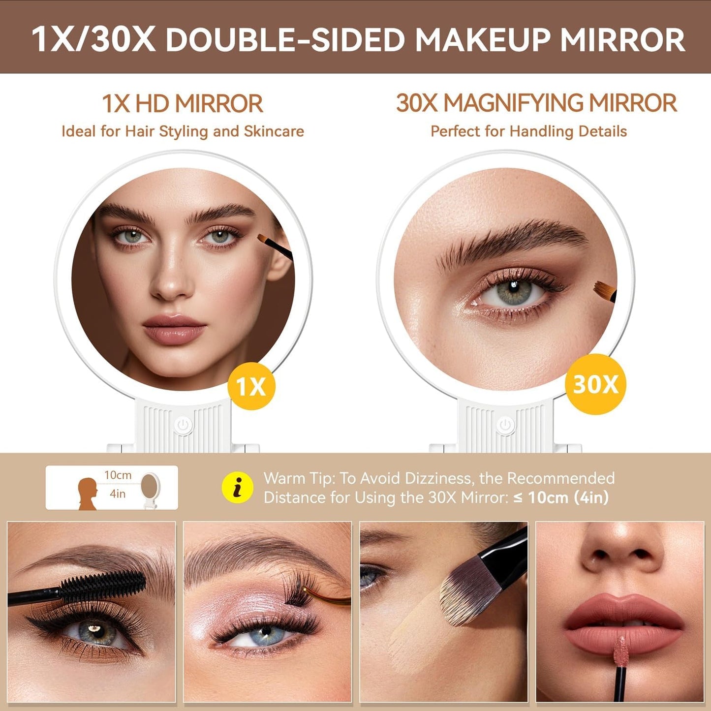 Auxmir 1X/30X Magnifying Makeup Mirror - Lighted, Double-Sided with Adjustable 3-Color Lighting | Rechargeable & Foldable Travel Design