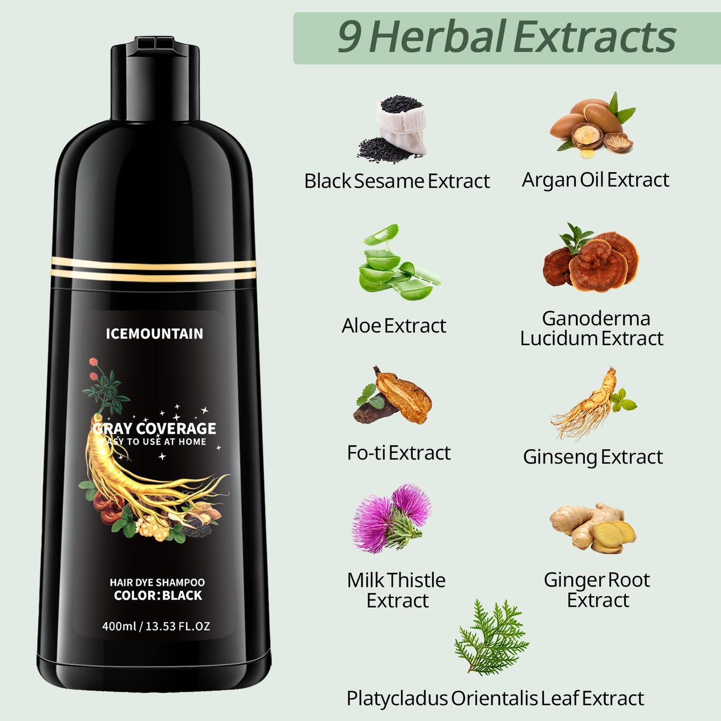 Black Hair Dye Shampoo, Gray Hair Coverage Ammonia Free & Paraben Free Natural Herbal Ingredients Semi Permanent Hair Color Shampoo for Women Men